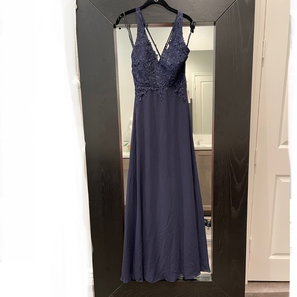 Lulu’s lace top blue long prom bridesmaid dress